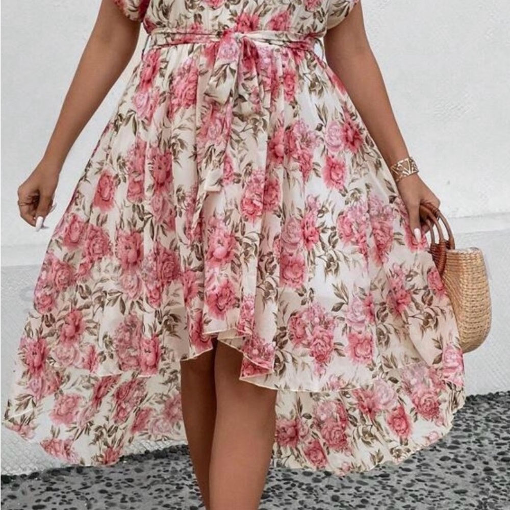 SHEIN DreamScene Plus Floral Print Batwing Sleeve Belted Dress - Picture 3 of 4
